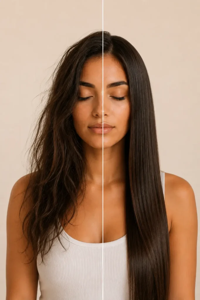 wake up beautiful vrouw voor en na satijnen kussen